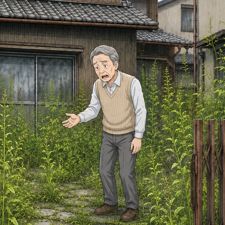 空き家の前。夫が伸びた草を見て立ち尽くす。隣家の窓が見えている