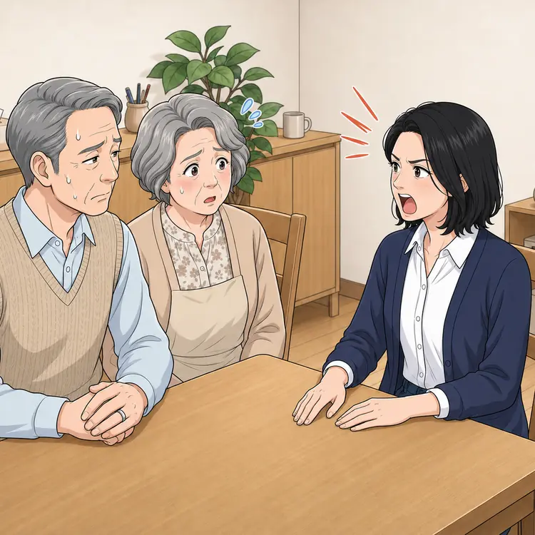 食卓。娘が真剣な顔で両親に向かって話している