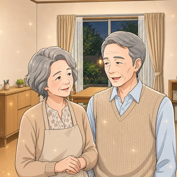 自宅。夫婦が向かい合って穏やかに笑っている